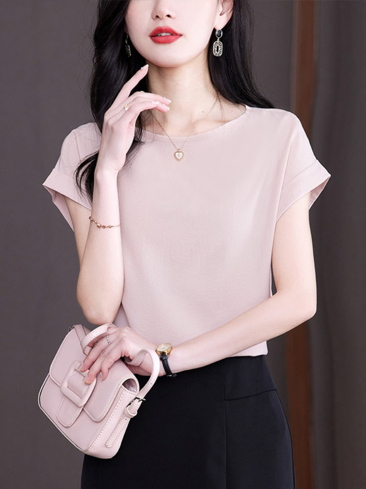 Silk Blouse for Women Short sleeve Womens Tops Loose Casual Blouse Cotton Summer Women's Clothing Solid OL Elegant Women Blouse