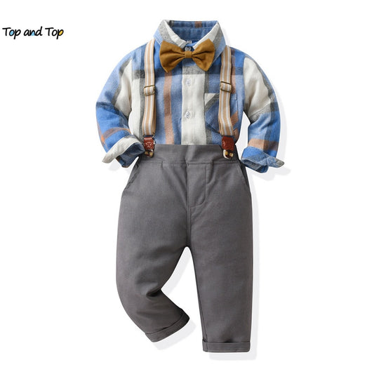 top and top Toddler Kids Boys Gentleman Clothing Sets Long Sleeve Plaid Bowtie Shirts+Suspenders Pants Outfits for Christmas