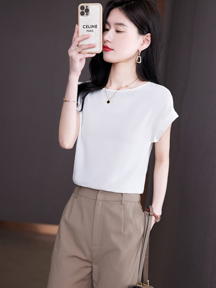 Silk Blouse for Women Short sleeve Womens Tops Loose Casual Blouse Cotton Summer Women's Clothing Solid OL Elegant Women Blouse