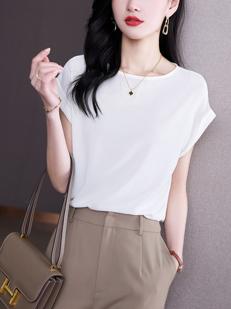 Silk Blouse for Women Short sleeve Womens Tops Loose Casual Blouse Cotton Summer Women's Clothing Solid OL Elegant Women Blouse